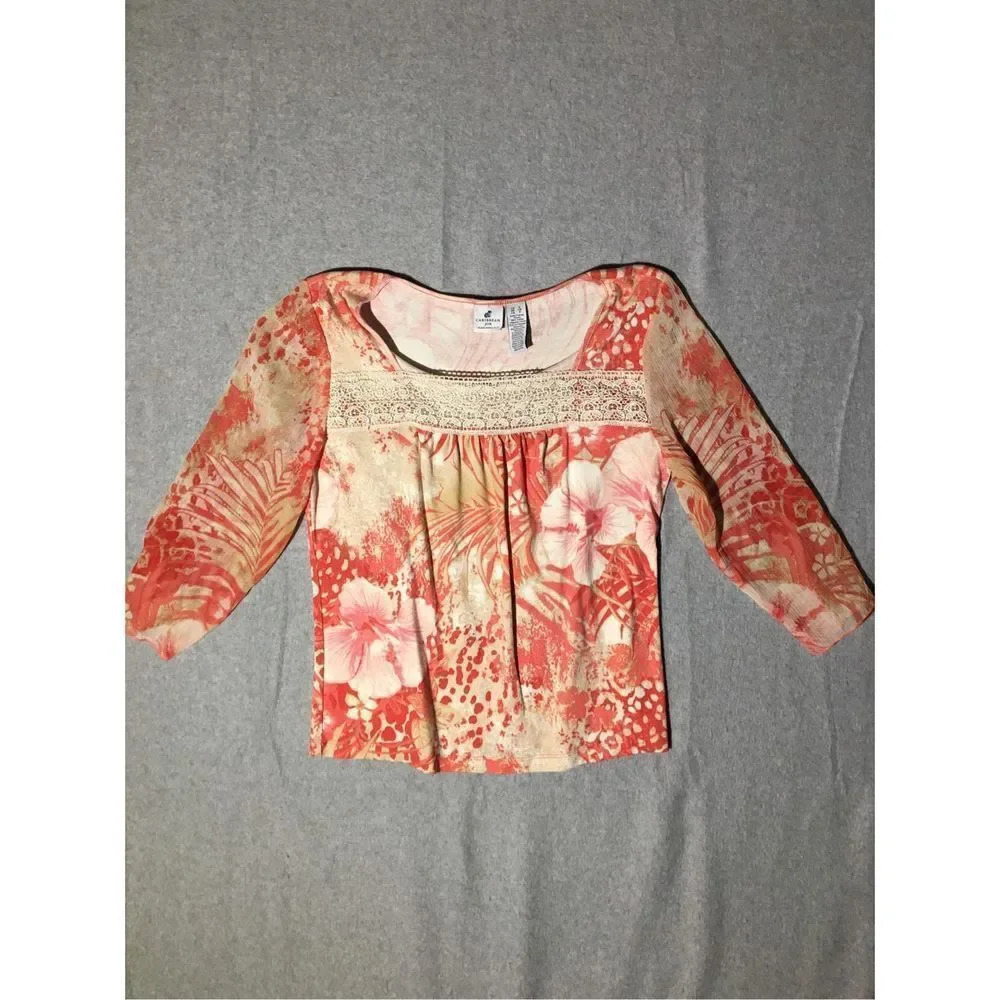 Womens Caribbean Joe Blouse Size Small Pink Cream Sheer Sleeve Cotton Formal